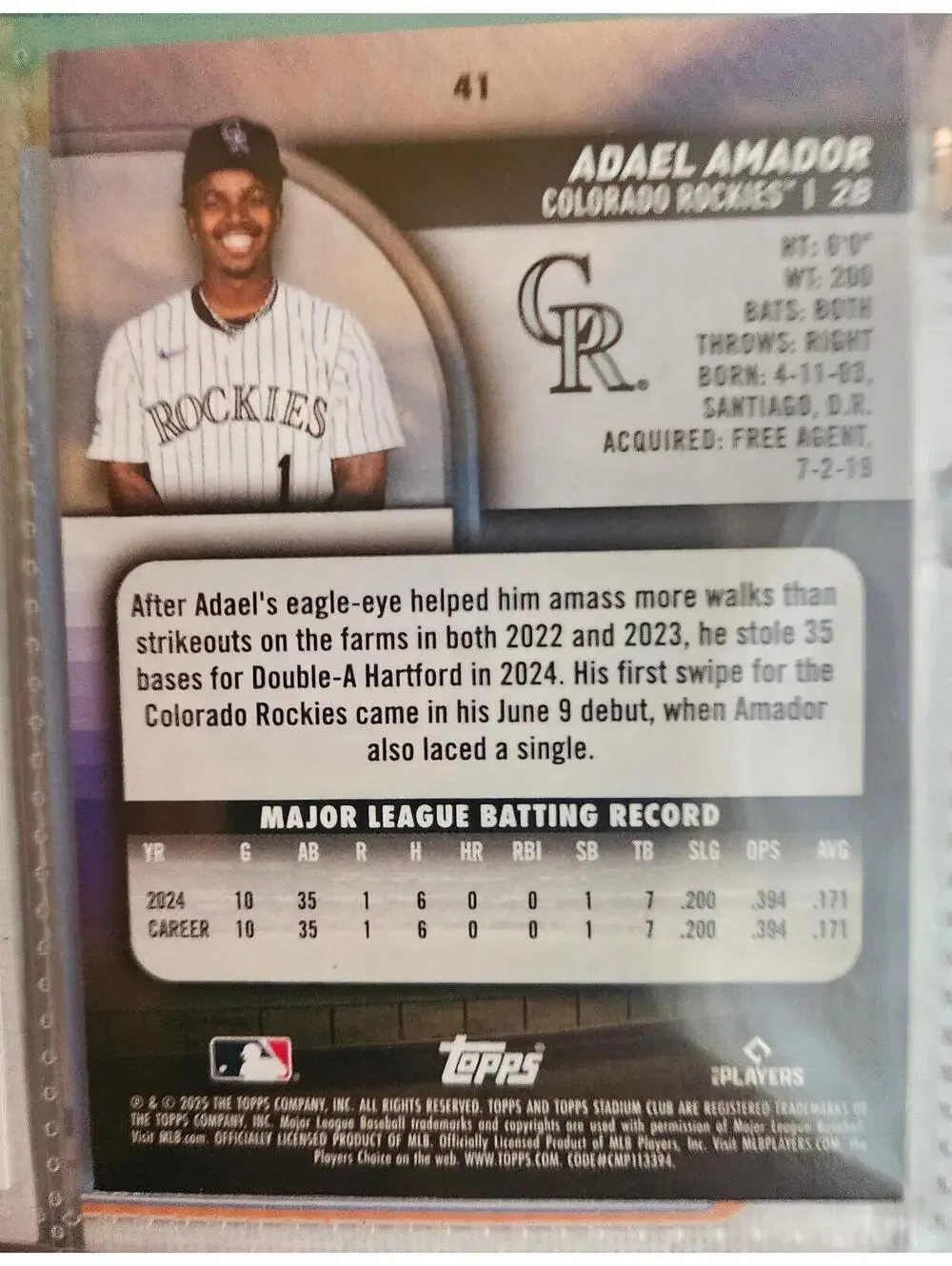 2025 Topps Stadium Club Adeal Amador #41 Sepia Parallel RC Colorado Rockies